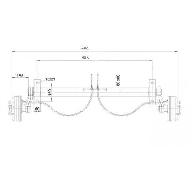KNOTT trailer aksel med bremse - Ml A. 1400 mm. B. 55 mm. C. 1850 mm