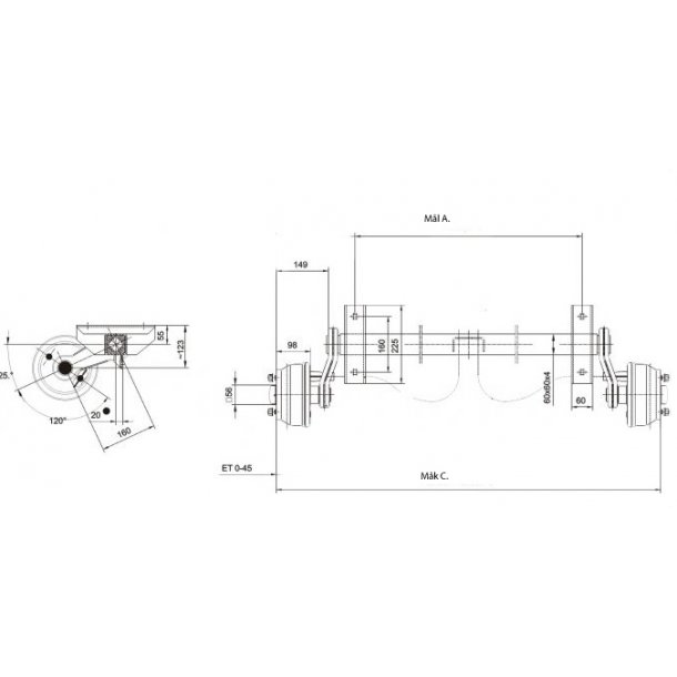 KNOTT trailer aksel med bremse - Ml A. 1100 mm. B. 55 mm. C. 1550 mm