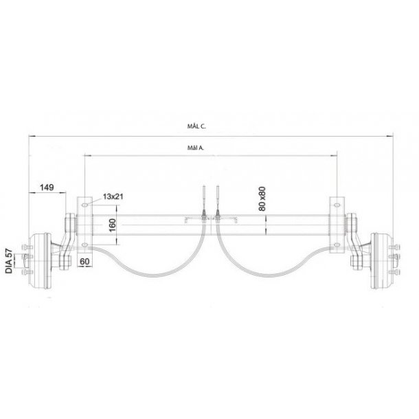 KNOTT trailer aksel med bremse - Ml A. 1100 mm. B. 55 mm. C. 1550 mm